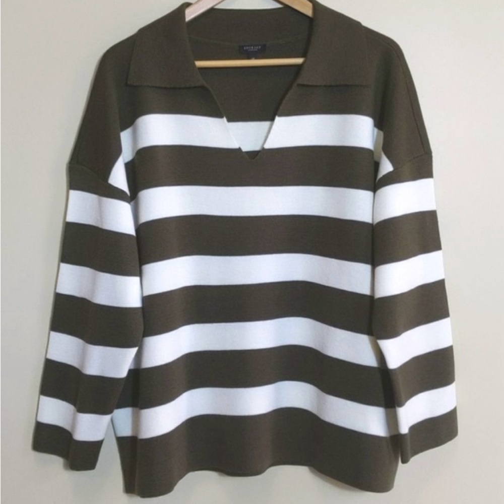 TALBOTS Milano Stitch Johnny Collar Wool Sweater Olive Stripe Size 3X Petite